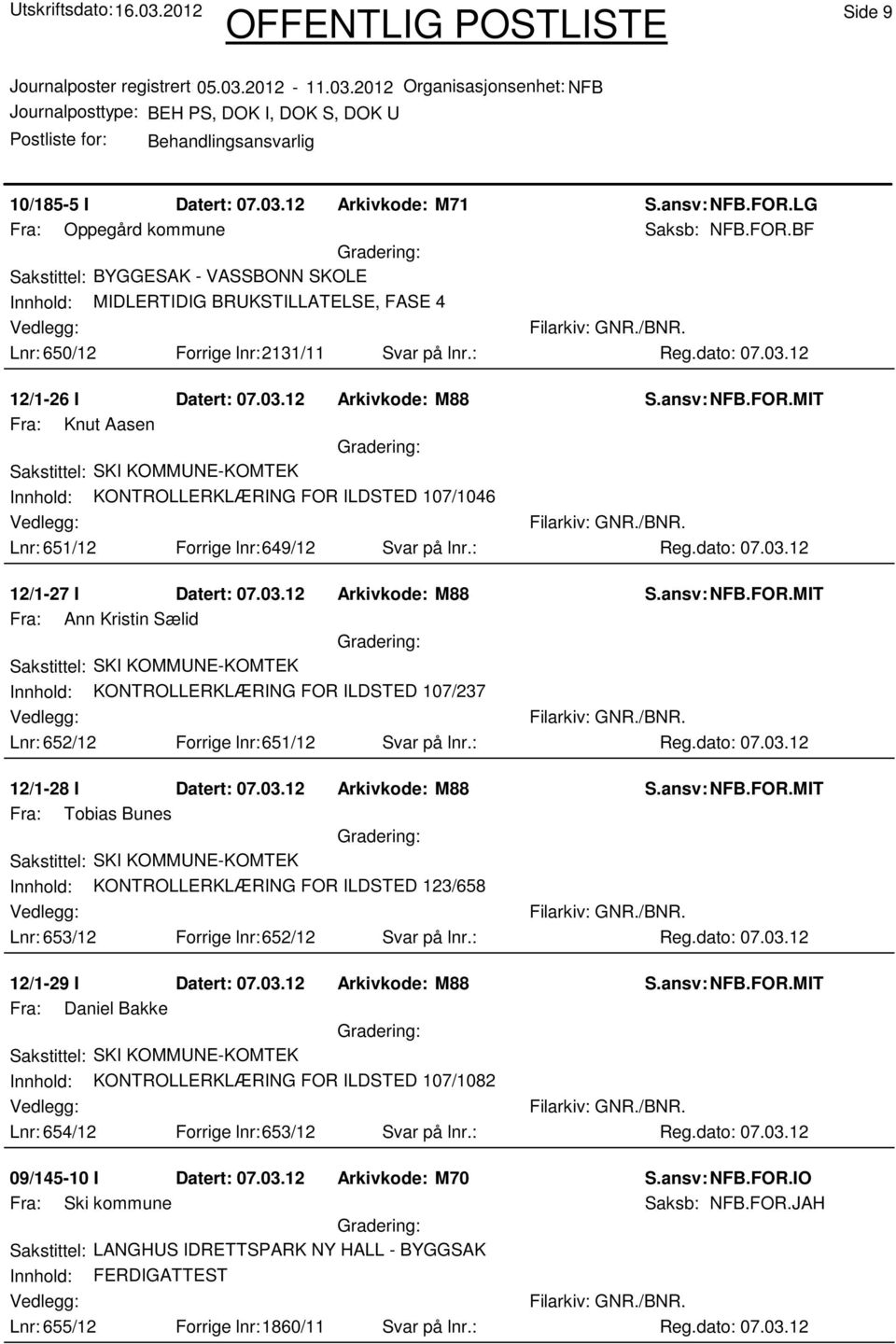 : 12/1-28 I Datert: 07.03.12 Arkivkode: M88 Fra: Tobias Bunes Innhold: KONTROLLERKLÆRING FOR ILDSTED 123/658 Lnr: 653/12 Forrige lnr:652/12 Svar på lnr.: 12/1-29 I Datert: 07.03.12 Arkivkode: M88 Fra: Daniel Bakke Innhold: KONTROLLERKLÆRING FOR ILDSTED 107/1082 Lnr: 654/12 Forrige lnr:653/12 Svar på lnr.