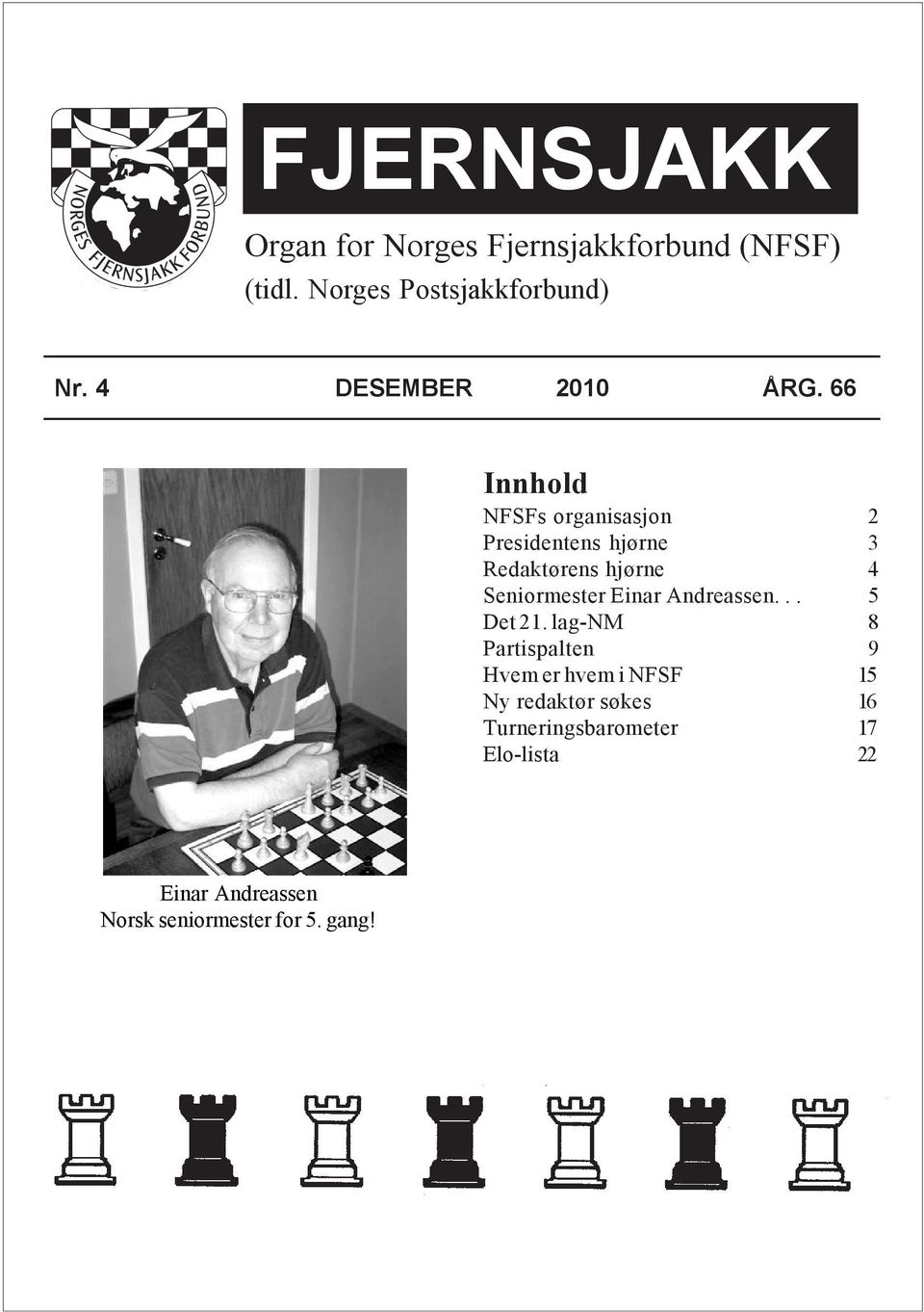 66 Innhold NFSFs organisasjon 2 Presidentens hjørne 3 Redaktørens hjørne 4 Seniormester Einar