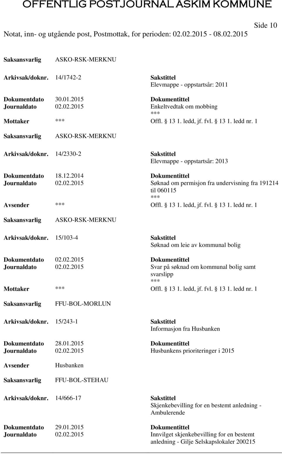 02.2015 Søknad om permisjon fra undervisning fra 191214 til 060115 Offl. 13 1. ledd, jf. fvl. 13 1. ledd nr. 1 ASKO-RSK-MERKNU Arkivsak/doknr.