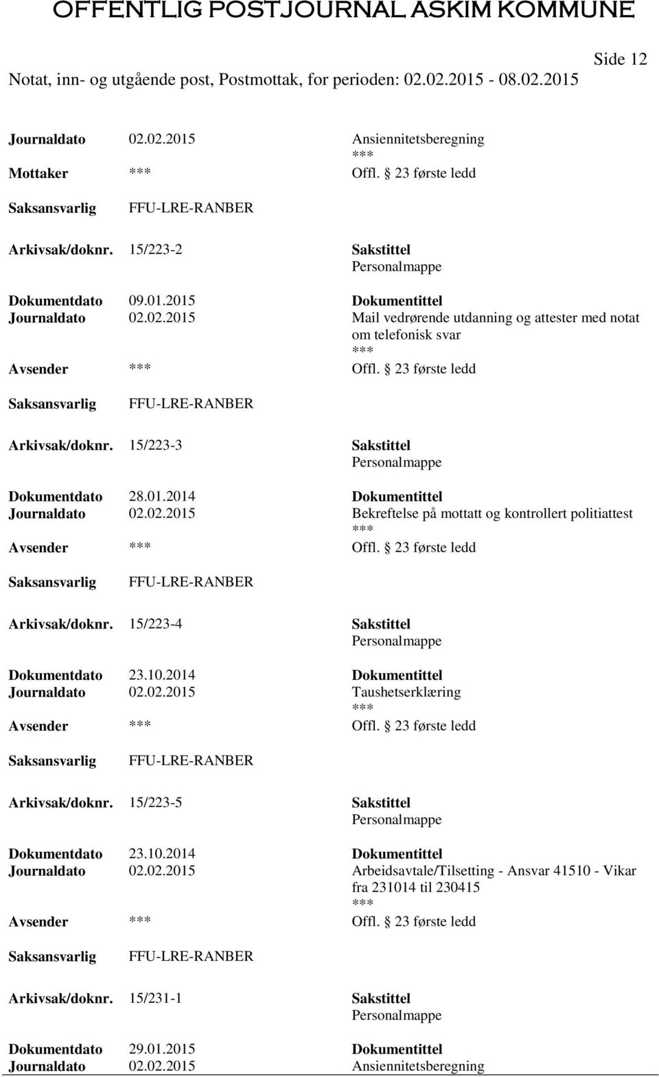 23 første ledd FFU-LRE-RANBER Arkivsak/doknr. 15/223-4 Sakstittel Dokumentdato 23.10.2014 Dokumentittel Journaldato 02.02.2015 Taushetserklæring Offl. 23 første ledd FFU-LRE-RANBER Arkivsak/doknr.