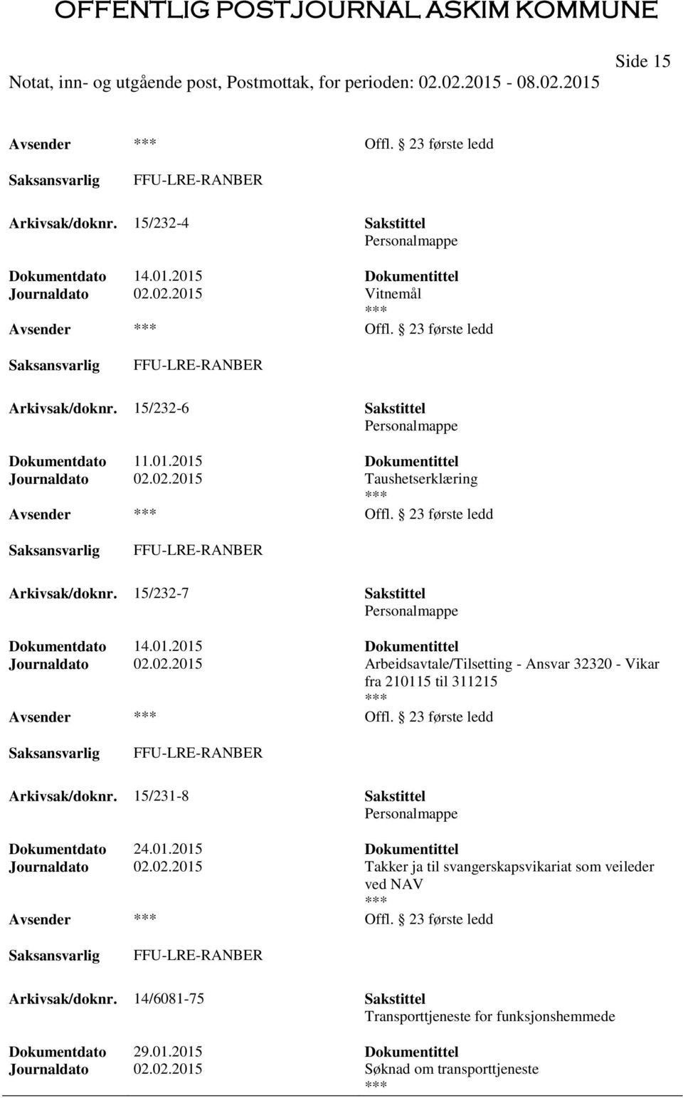 15/232-7 Sakstittel Dokumentdato 14.01.2015 Dokumentittel Journaldato 02.02.2015 Arbeidsavtale/Tilsetting - Ansvar 32320 - Vikar fra 210115 til 311215 Offl.