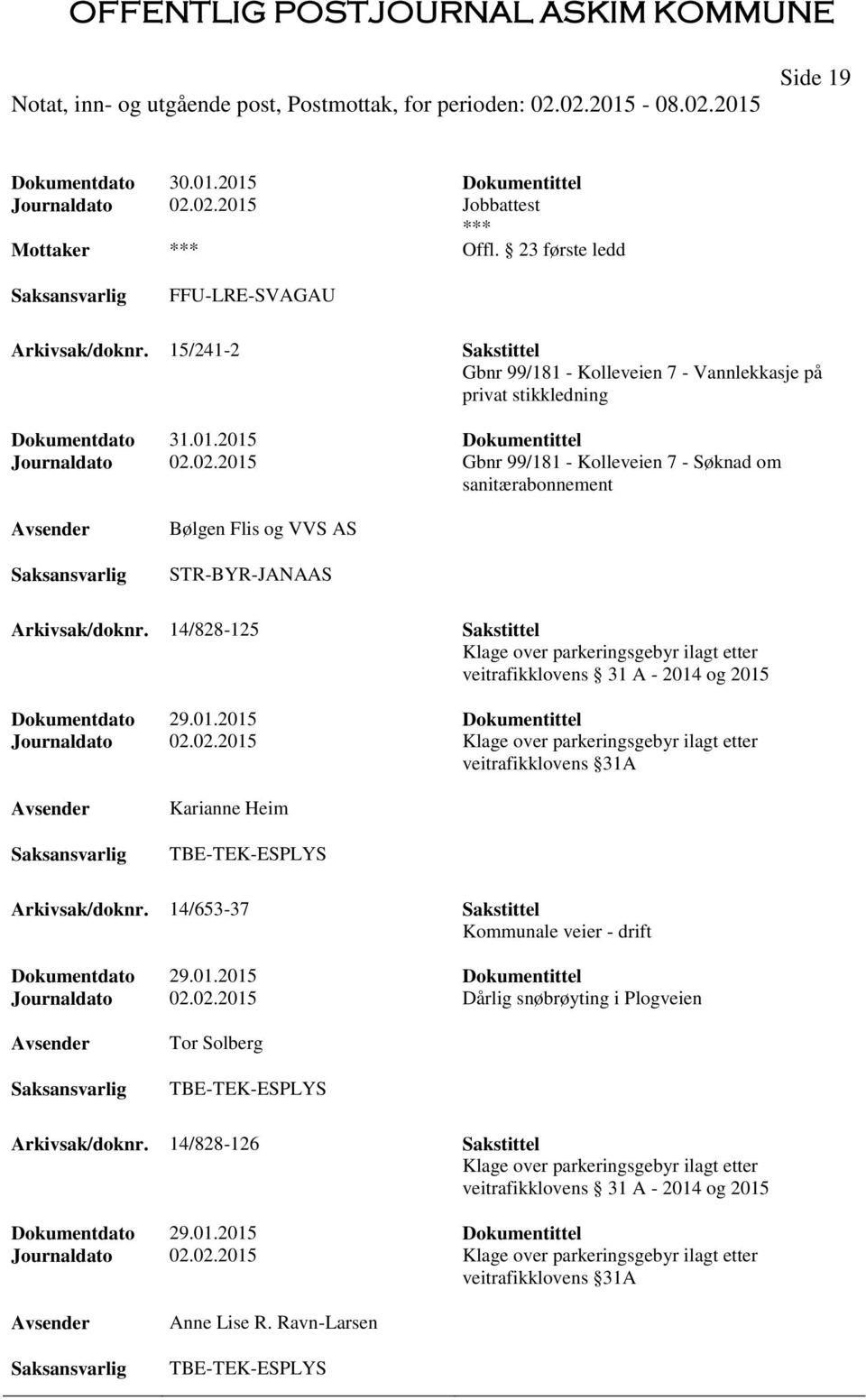 14/828-125 Sakstittel Klage over parkeringsgebyr ilagt etter veitrafikklovens 31 A - 2014 og 2015 Dokumentdato 29.01.2015 Dokumentittel Journaldato 02.