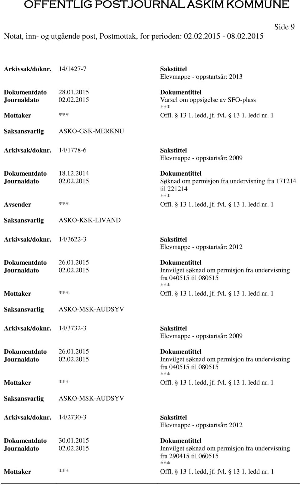 02.2015 Søknad om permisjon fra undervisning fra 171214 til 221214 Offl. 13 1. ledd, jf. fvl. 13 1. ledd nr. 1 ASKO-KSK-LIVAND Arkivsak/doknr.