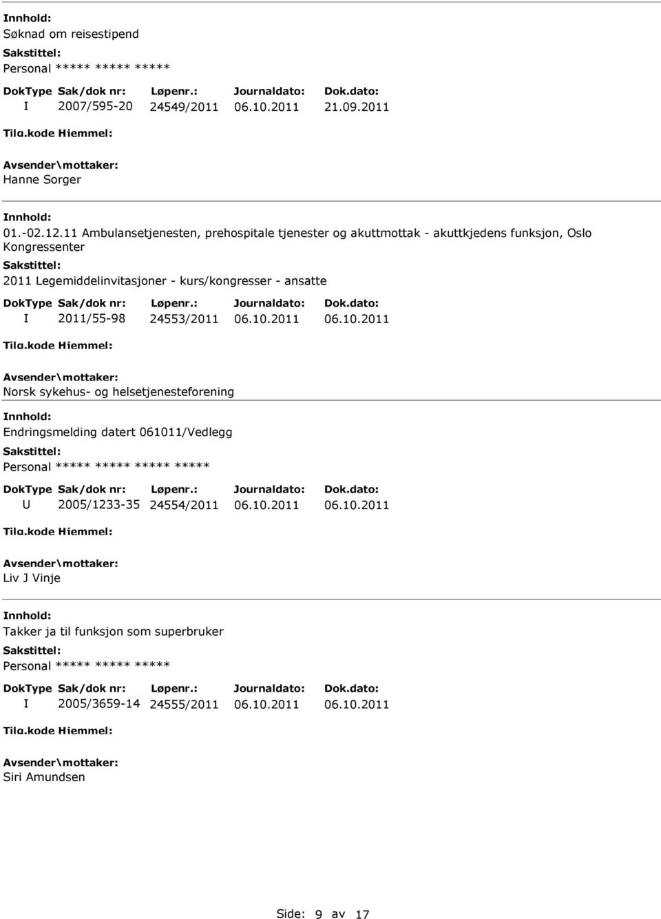 Legemiddelinvitasjoner - kurs/kongresser - ansatte 2011/55-98 24553/2011 Norsk sykehus- og helsetjenesteforening
