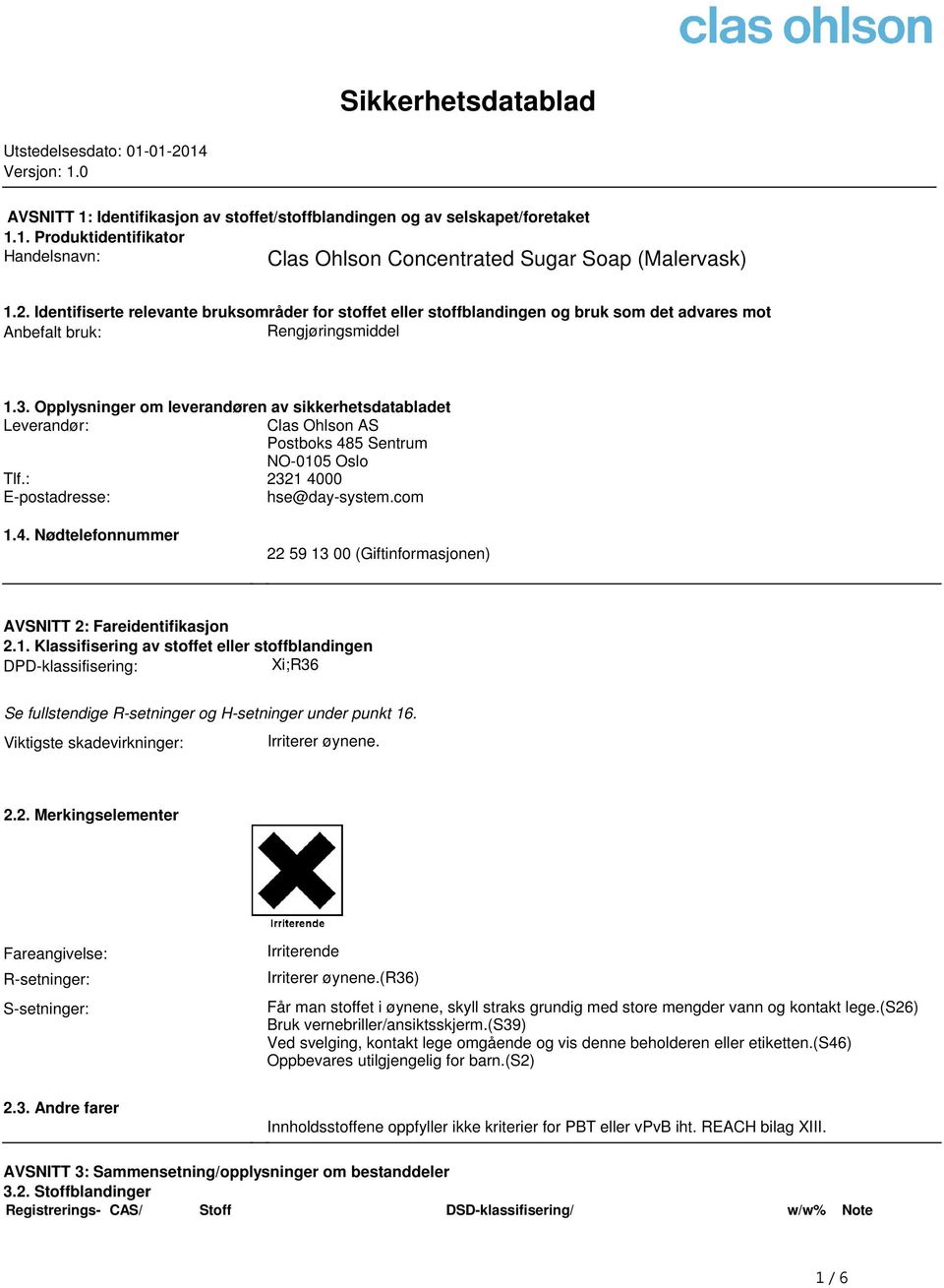 sikkerhetsdatabladet Leverandør: Clas Ohlson AS Postboks 485 Sentrum NO-0105 Oslo Tlf: 2321 4000 E-postadresse: hse@day-systemcom 14 Nødtelefonnummer 22 59 13 00 (Giftinformasjonen) AVSNITT 2: