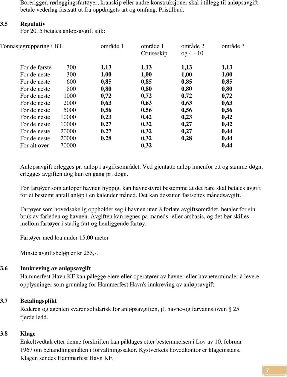 område 1 område 1 område 2 område 3 Cruiseskip og 4-10 For de første 300 1,13 1,13 1,13 1,13 For de neste 300 1,00 1,00 1,00 1,00 For de neste 600 0,85 0,85 0,85 0,85 For de neste 800 0,80 0,80 0,80