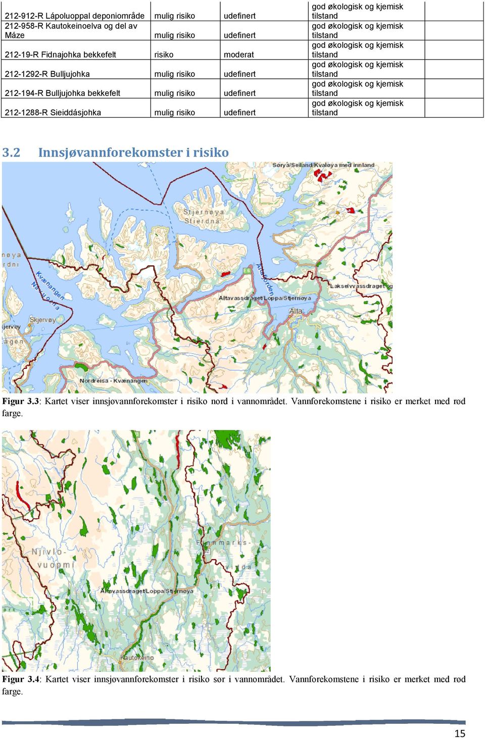 risiko udefinert 3.2 Innsjøvannforekomster i risiko Figur 3.3: Kartet viser innsjøvannforekomster i risiko nord i vannområdet.