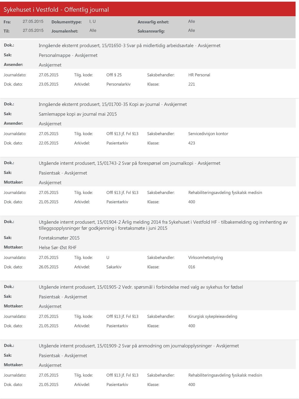 2015 Arkivdel: Pasientarkiv 423 Utgående internt produsert, 15/01743-2 Svar på forespørsel om journalkopi - Pasientsak - Rehabiliteringsavdeling fysikalsk medisin Utgående internt produsert,