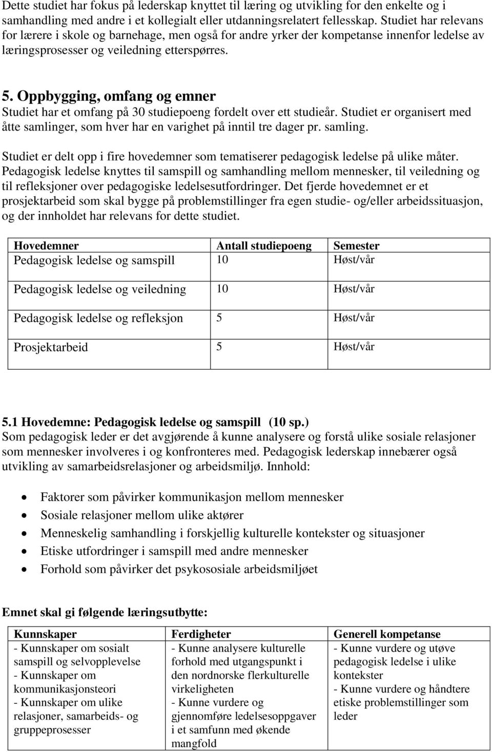 Oppbygging, omfang og emner Studiet har et omfang på 30 studiepoeng fordelt over ett studieår. Studiet er organisert med åtte samlinge