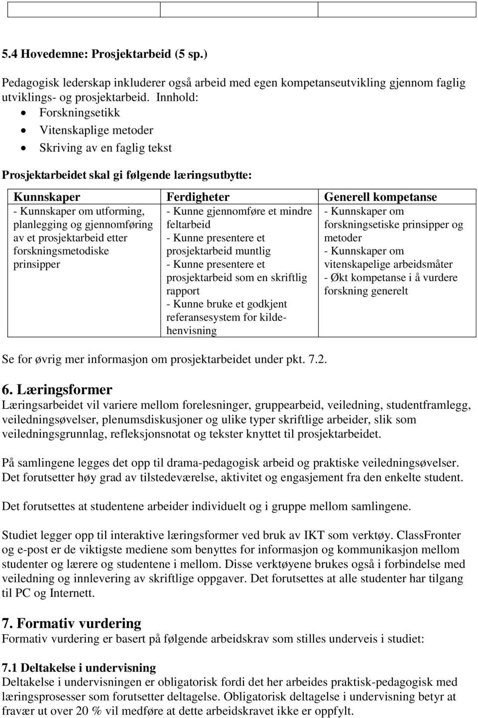 prosjektarbeid etter forskningsmetodiske prinsipper - Kunne gjennomføre et mindre feltarbeid - Kunne presentere et prosjektarbeid muntlig - Kunne presentere et prosjektarbeid som en skriftlig rapport