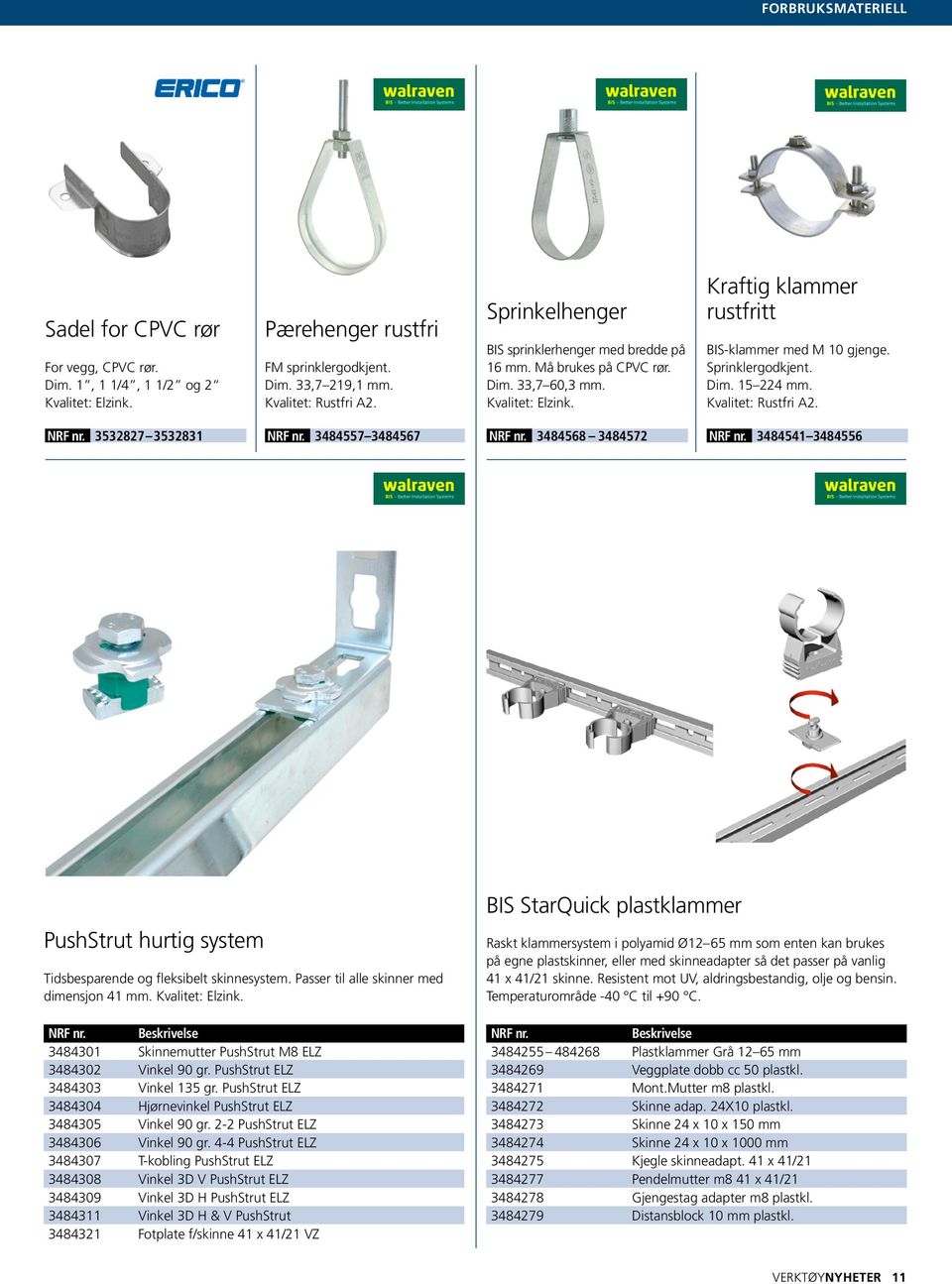 Kvalitet: Rustfri A2. NRF nr. 3532827 3532831 NRF nr. 3484557 3484567 NRF nr. 3484568 3484572 NRF nr. 3484541 3484556 PushStrut hurtig system Tidsbesparende og fleksibelt skinnesystem.