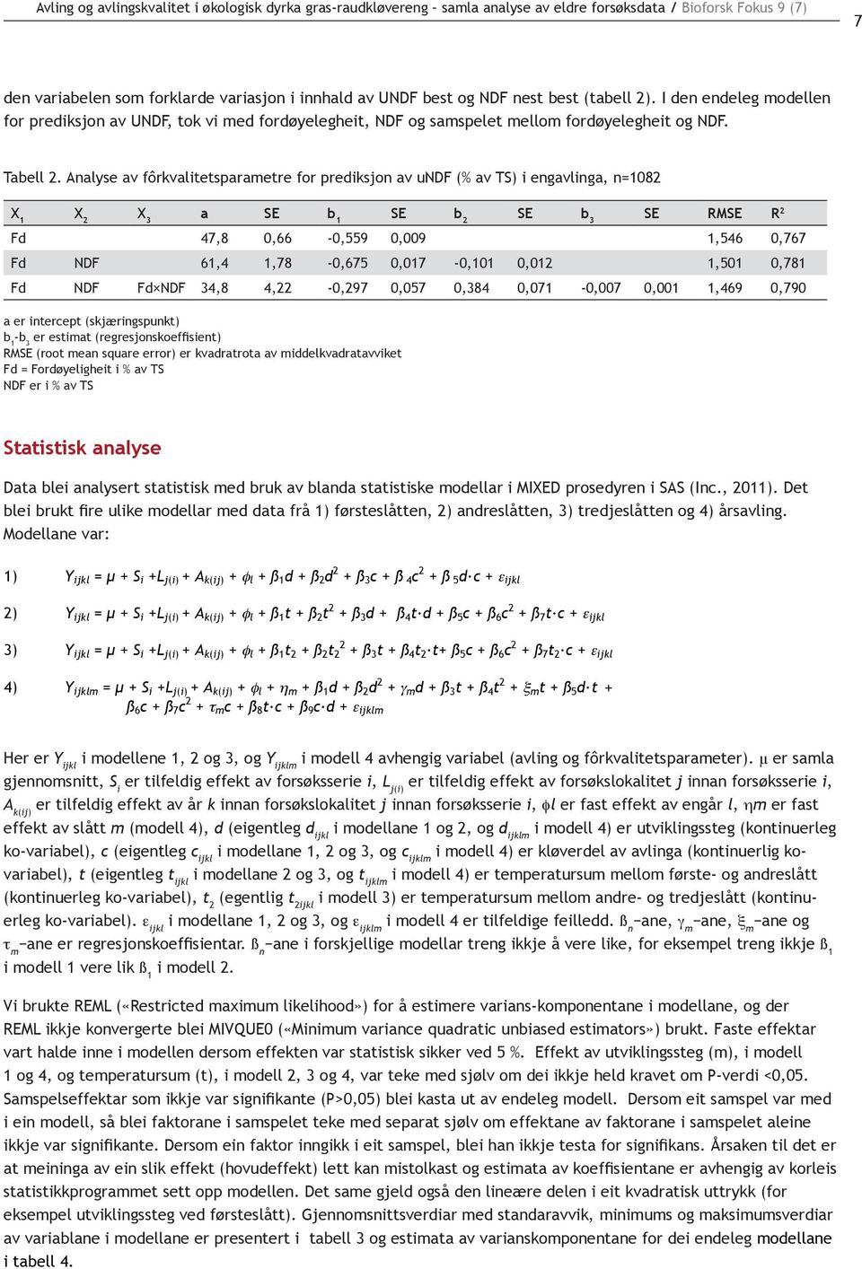 Analyse av fôrkvalitetsparametre for prediksjon av undf (% av TS) i engavlinga, n=1082 X 1 X 2 X 3 a SE b 1 SE b 2 SE b 3 SE RMSE R 2 Fd 47,8 0,66-0,559 0,009 1,546 0,767 Fd NDF 61,4 1,78-0,675