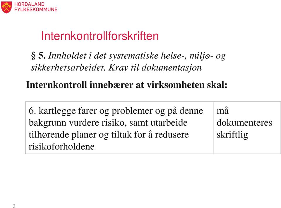 Krav til dokumentasjon Internkontroll innebærer at virksomheten skal: 6.