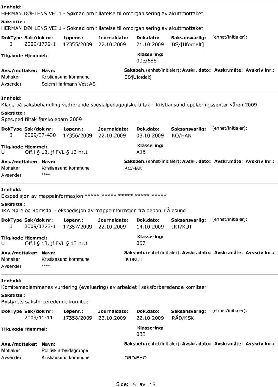 : BS/[fordelt] Solem Hartmann Vest AS Klage på saksbehandling vedrørende spesialpedagogiske tiltak - Kristiansund opplæringssenter våren 2009 Spes.