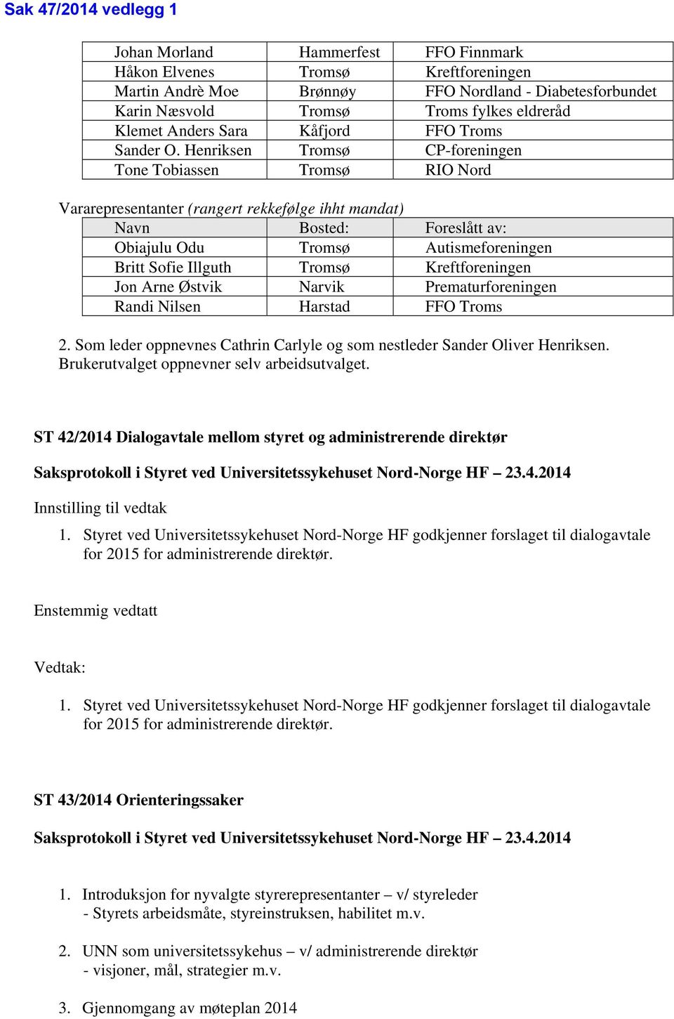 Henriksen Tromsø CP-foreningen Tone Tobiassen Tromsø RIO Nord Vararepresentanter (rangert rekkefølge ihht mandat) Navn Bosted: Foreslått av: Obiajulu Odu Tromsø Autismeforeningen Britt Sofie Illguth