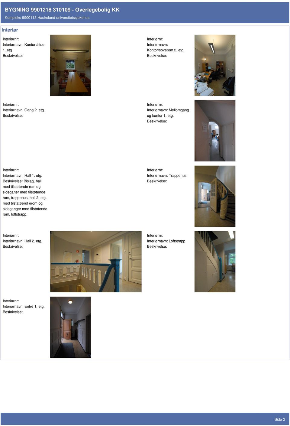 Beskrivelse: Interiørnavn: Hall 1. etg. Beskrivelse: Bislag, hall med tilstøtende rom og sideganer med tilstøtende rom, trappehus, hall 2. etg. med tilstatøend erom og sideganger med tilstøtende rom, loftstrapp.