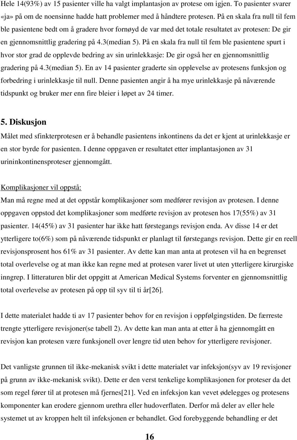 På en skala fra null til fem ble pasientene spurt i hvor stor grad de opplevde bedring av sin urinlekkasje: De gir også her en gjennomsnittlig gradering på 4.3(median 5).