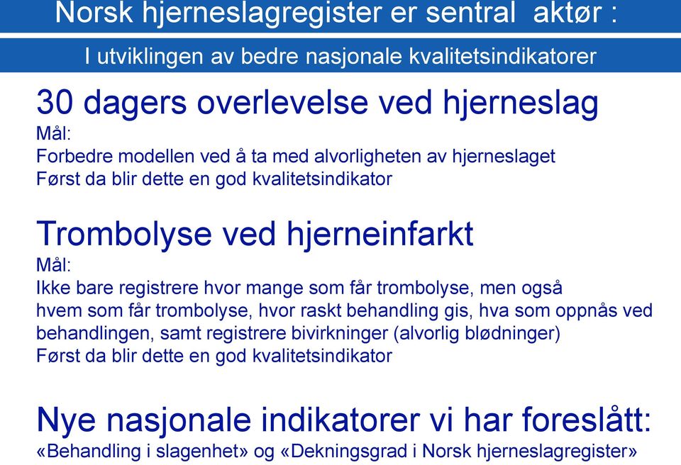 får trombolyse, men også hvem som får trombolyse, hvor raskt behandling gis, hva som oppnås ved behandlingen, samt registrere bivirkninger (alvorlig