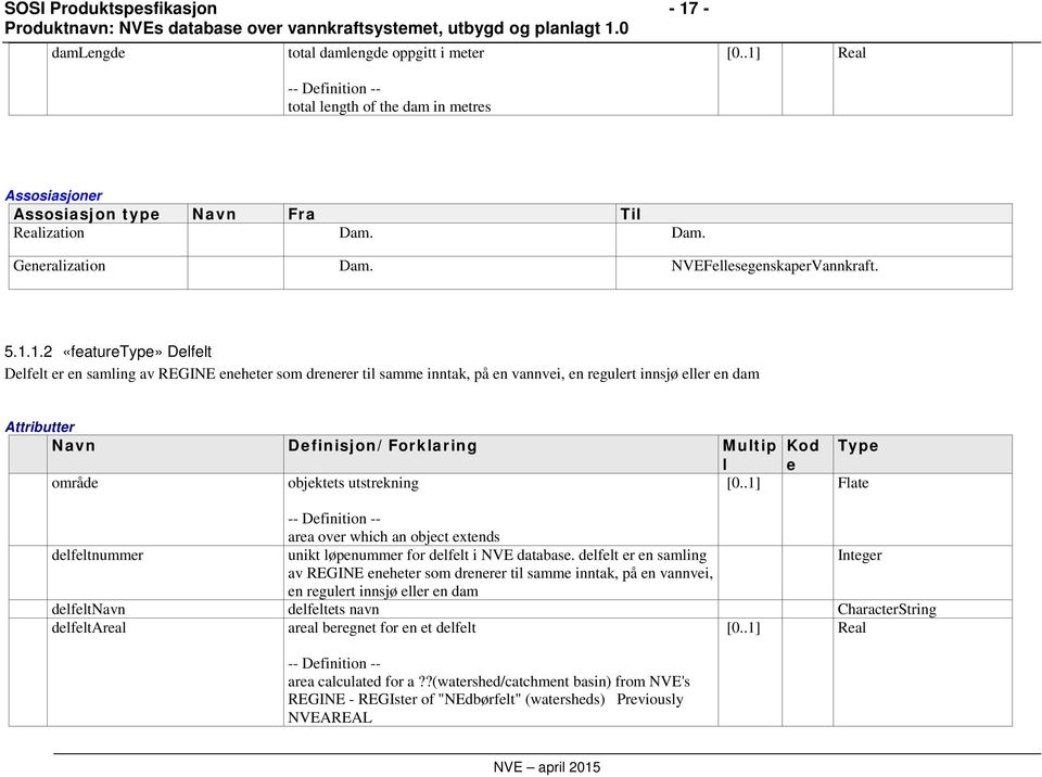 1.2 Delfelt Delfelt er en samling av REGINE eneheter som drenerer til samme inntak, på en vannvei, en regulert innsjø eller en dam Attributter Navn Definisjon/Forklaring Multip Kod Type l e område