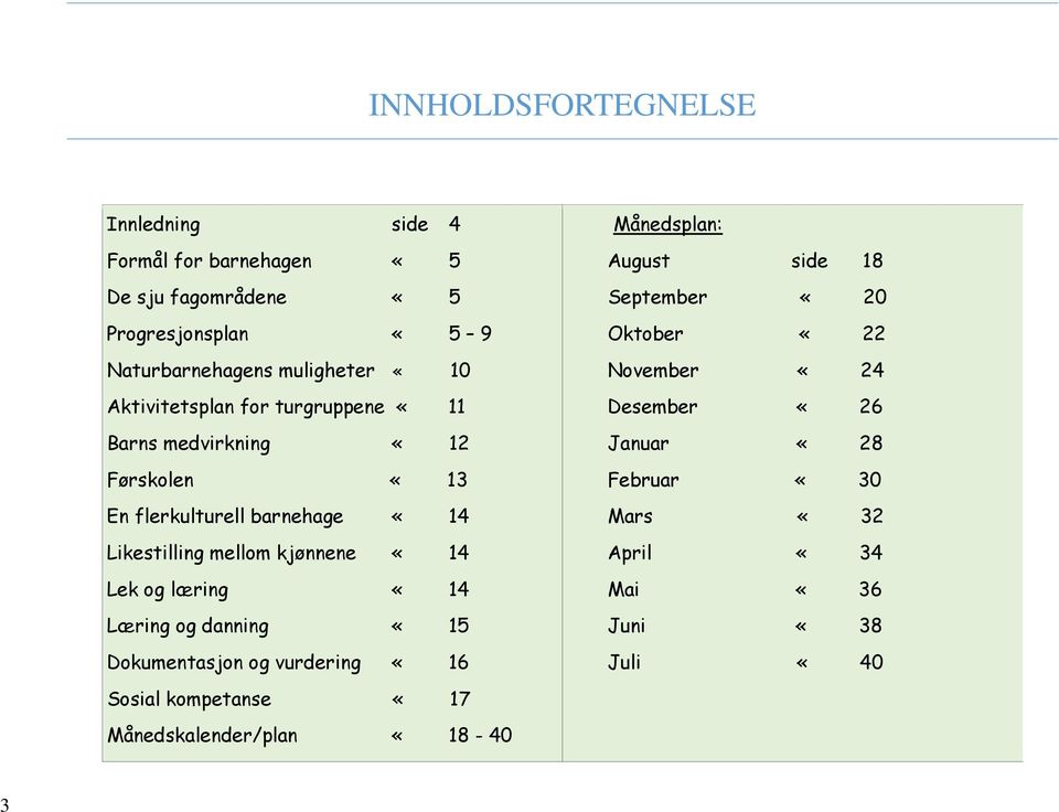 «14 Lek og læring «14 Læring og danning «15 Dokumentasjon og vurdering «16 Sosial kompetanse «17 Månedskalender/plan «18-40 Månedsplan: