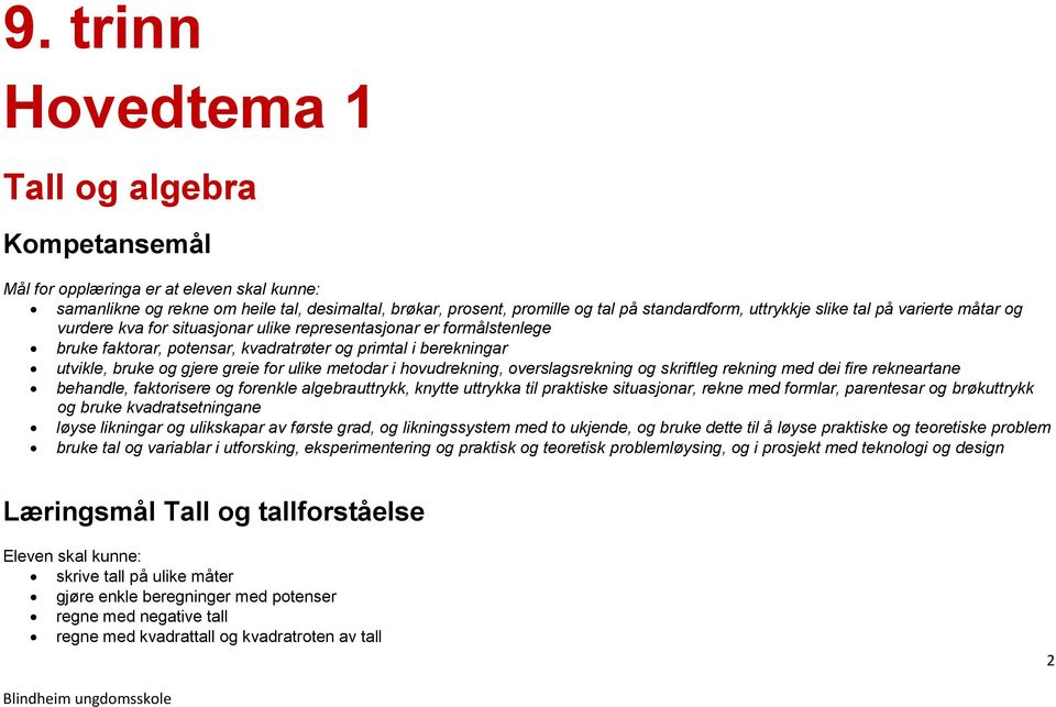 greie for ulike metodar i hovudrekning, overslagsrekning og skriftleg rekning med dei fire rekneartane behandle, faktorisere og forenkle algebrauttrykk, knytte uttrykka til praktiske situasjonar,