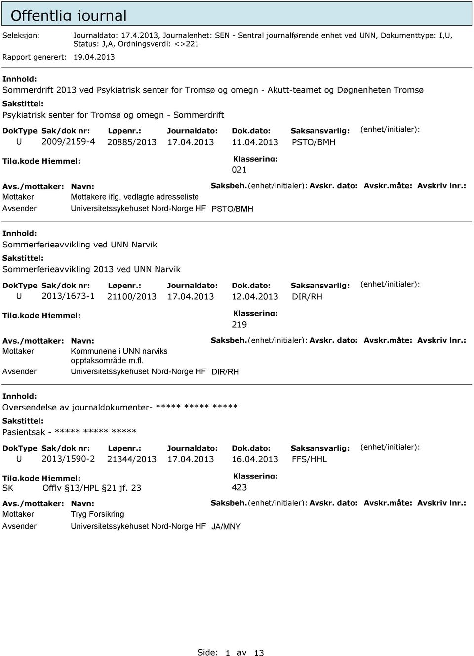 2013 PSTO/BMH 021 Avs./mottaker: Navn: Saksbeh. Avskr. dato: Avskr.måte: Avskriv lnr.: Mottaker Mottakere iflg.