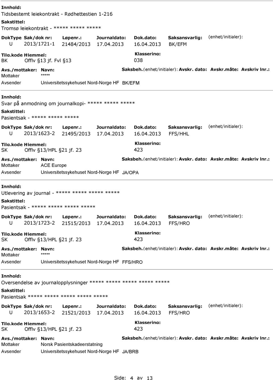 : Mottaker ACE Europe niversitetssykehuset Nord-Norge HF JA/OPA tlevering av journal - ***** ***** ***** ***** ***** 2013/1723-2 21515/2013 Avs./mottaker: Navn: Saksbeh. Avskr. dato: Avskr.