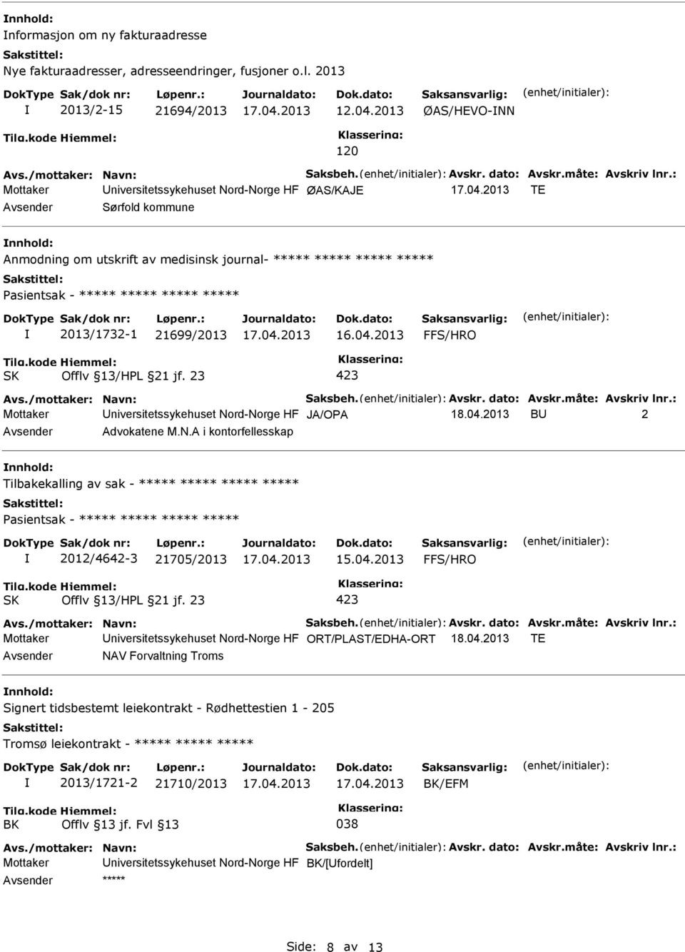 /mottaker: Navn: Saksbeh. Avskr. dato: Avskr.måte: Avskriv lnr.: Mottaker niversitetssykehuset Nord-Norge HF JA/OPA 18.04.2013 B 2 Advokatene M.N.A i kontorfellesskap Tilbakekalling av sak - ***** ***** ***** ***** ***** 2012/4642-3 21705/2013 15.