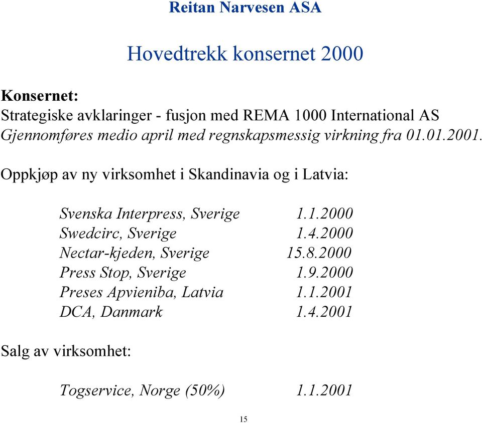 Oppkjøp av ny virksomhet i Skandinavia og i Latvia: Svenska Interpress, Sverige 1.1.2000 Swedcirc, Sverige 1.4.