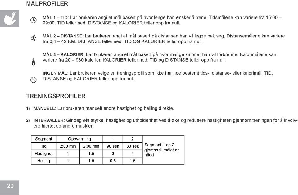 MÅL 3 KALORIER: Lar brukeren angi et mål basert på hvor mange kalorier han vil forbrenne. Kalorimålene kan variere fra 20 980 kalorier. KALORIER teller ned. TID og DISTANSE teller opp fra null.