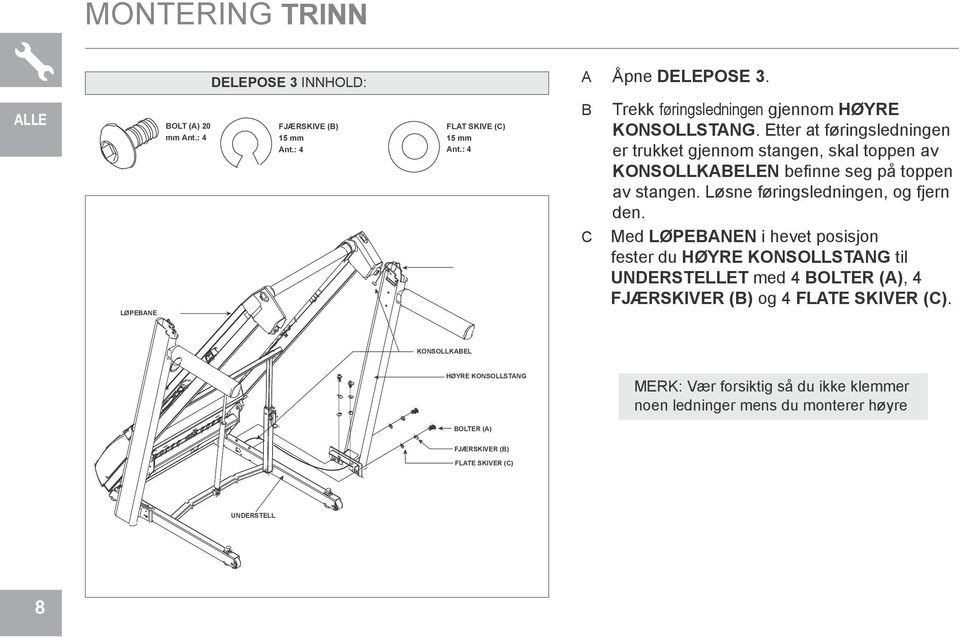 Etter at føringsledningen er trukket gjennom stangen, skal toppen av konsollkabelen befinne seg på toppen av stangen. Løsne føringsledningen, og fjern den.