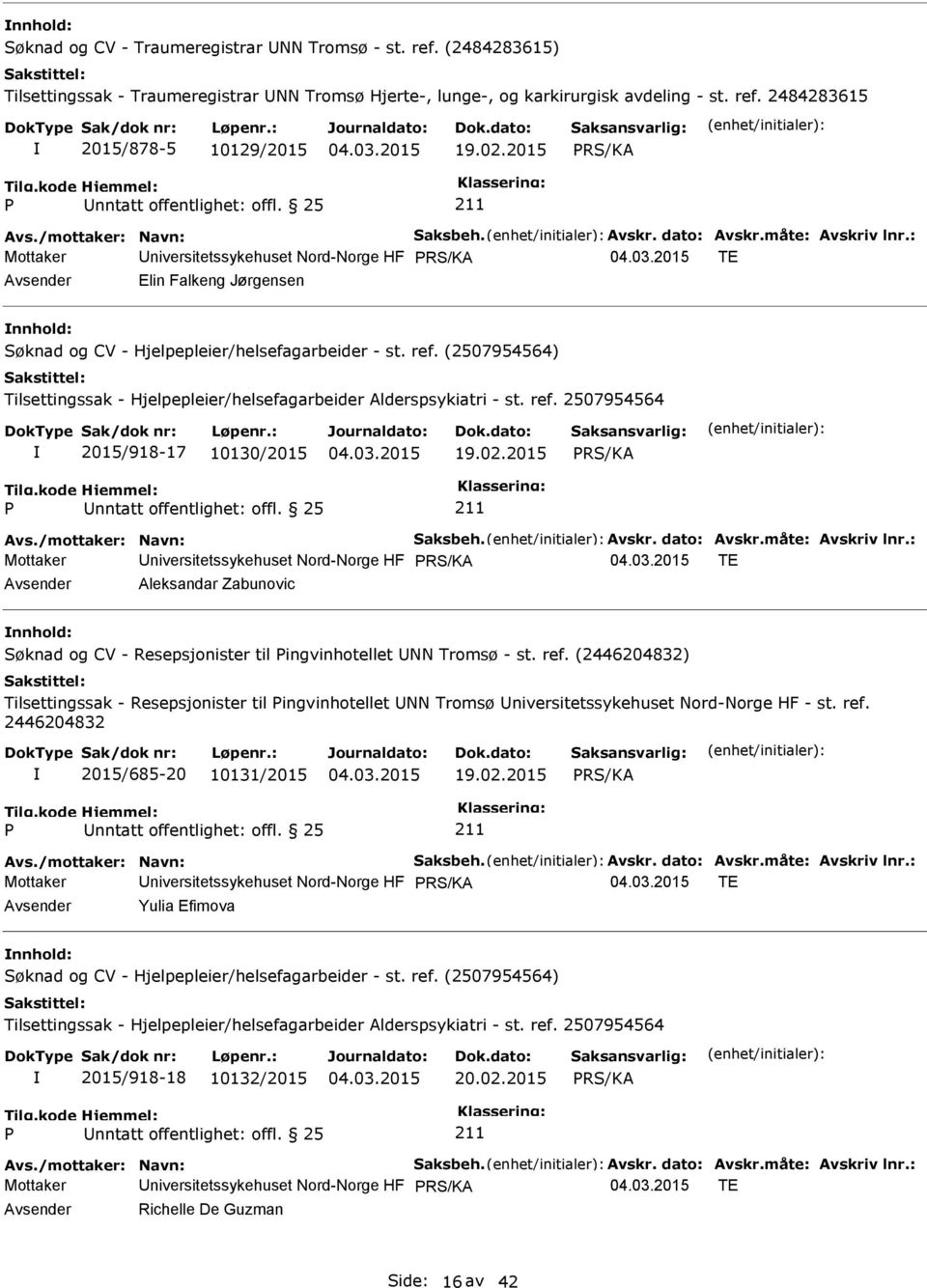 : Mottaker Universitetssykehuset Nord-Norge HF TE Avsender Elin Falkeng Jørgensen nnhold: 2015/918-17 10130/2015 19.