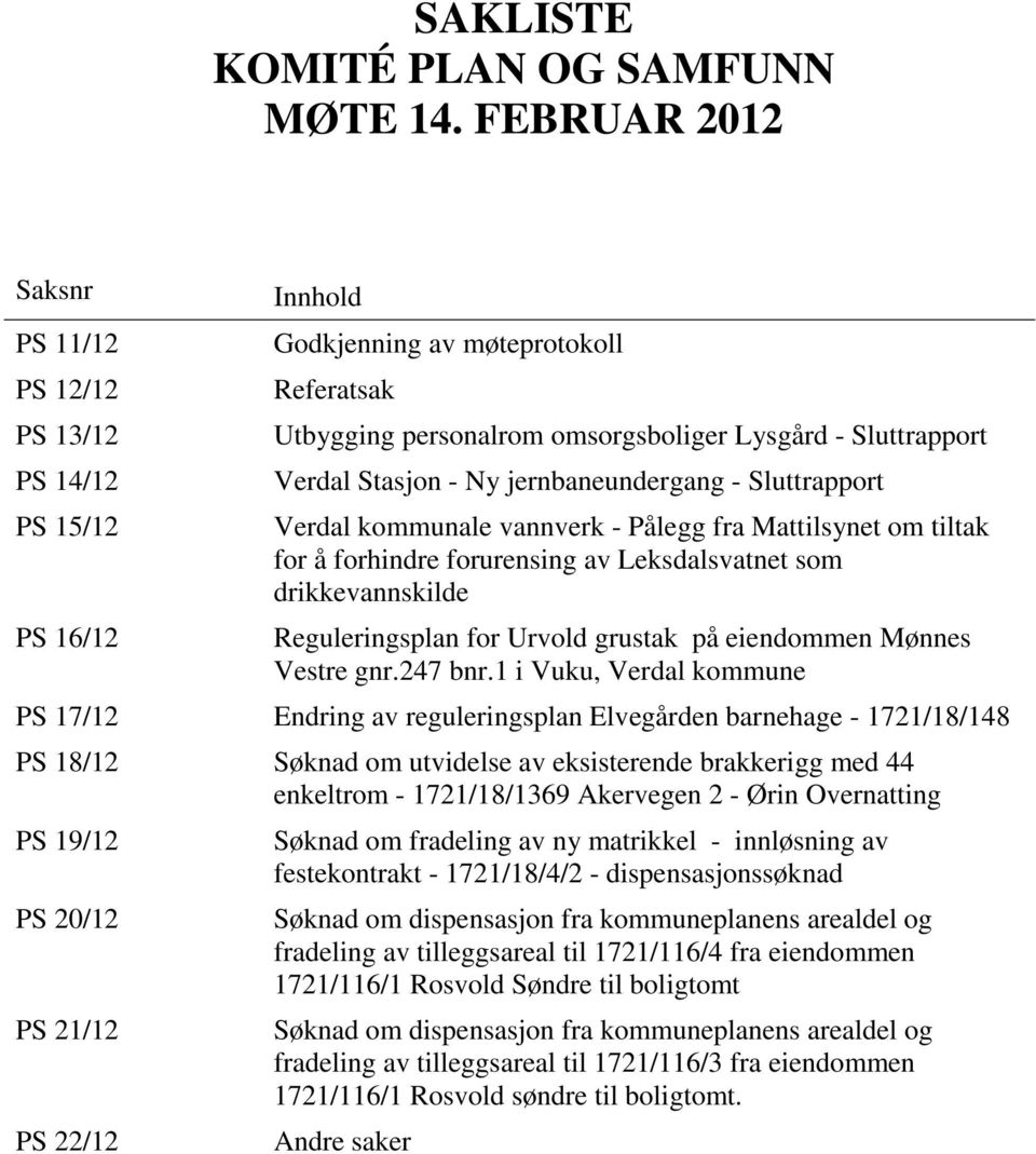 Ny jernbaneundergang - Sluttrapport Verdal kommunale vannverk - Pålegg fra Mattilsynet om tiltak for å forhindre forurensing av Leksdalsvatnet som drikkevannskilde Reguleringsplan for Urvold grustak