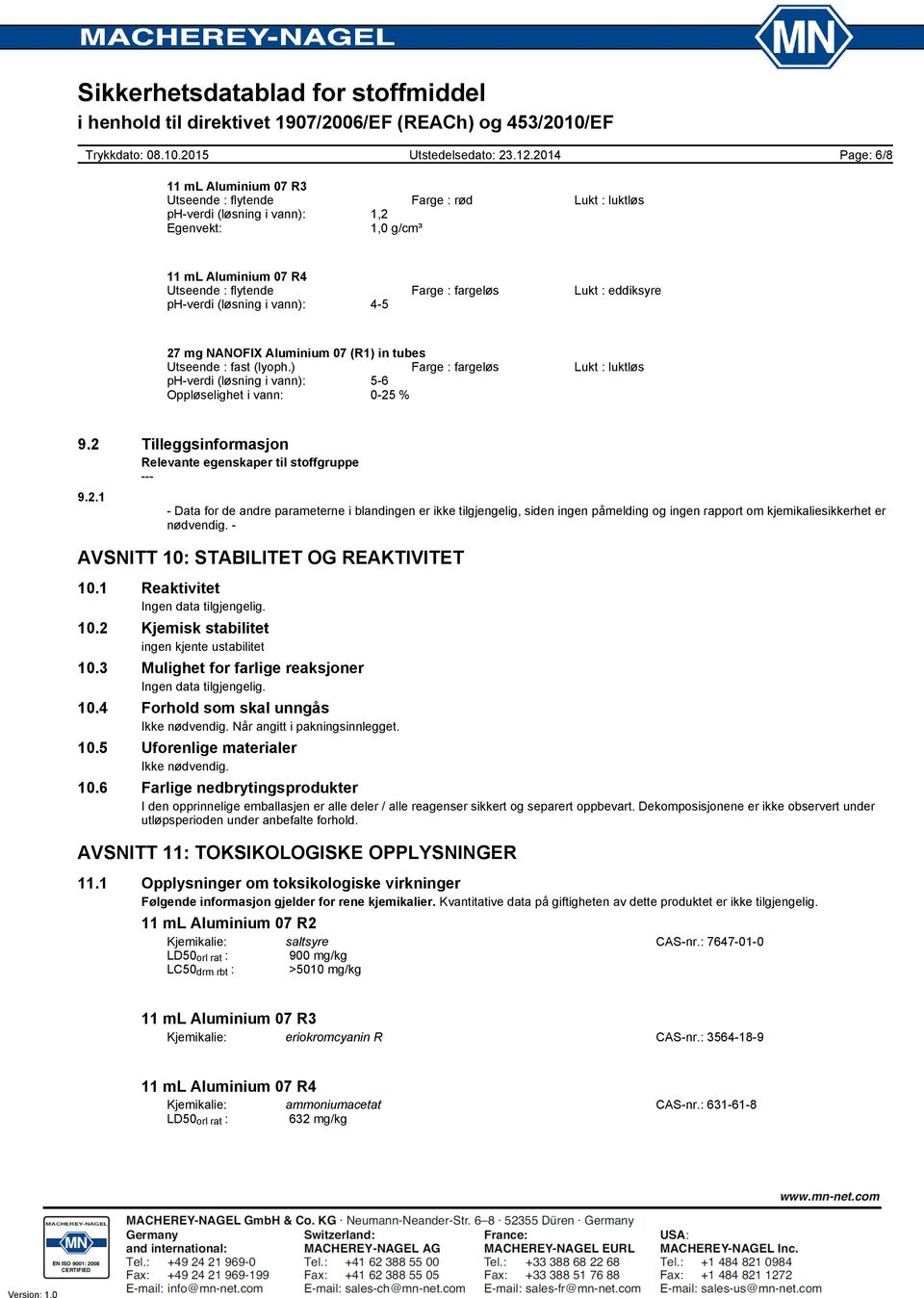 % 9.2 Tilleggsinformasjon Relevante egenskaper til stoffgruppe 9.2.1 Data for de andre parameterne i blandingen er ikke tilgjengelig, siden ingen påmelding og ingen rapport om kjemikaliesikkerhet er nødvendig.