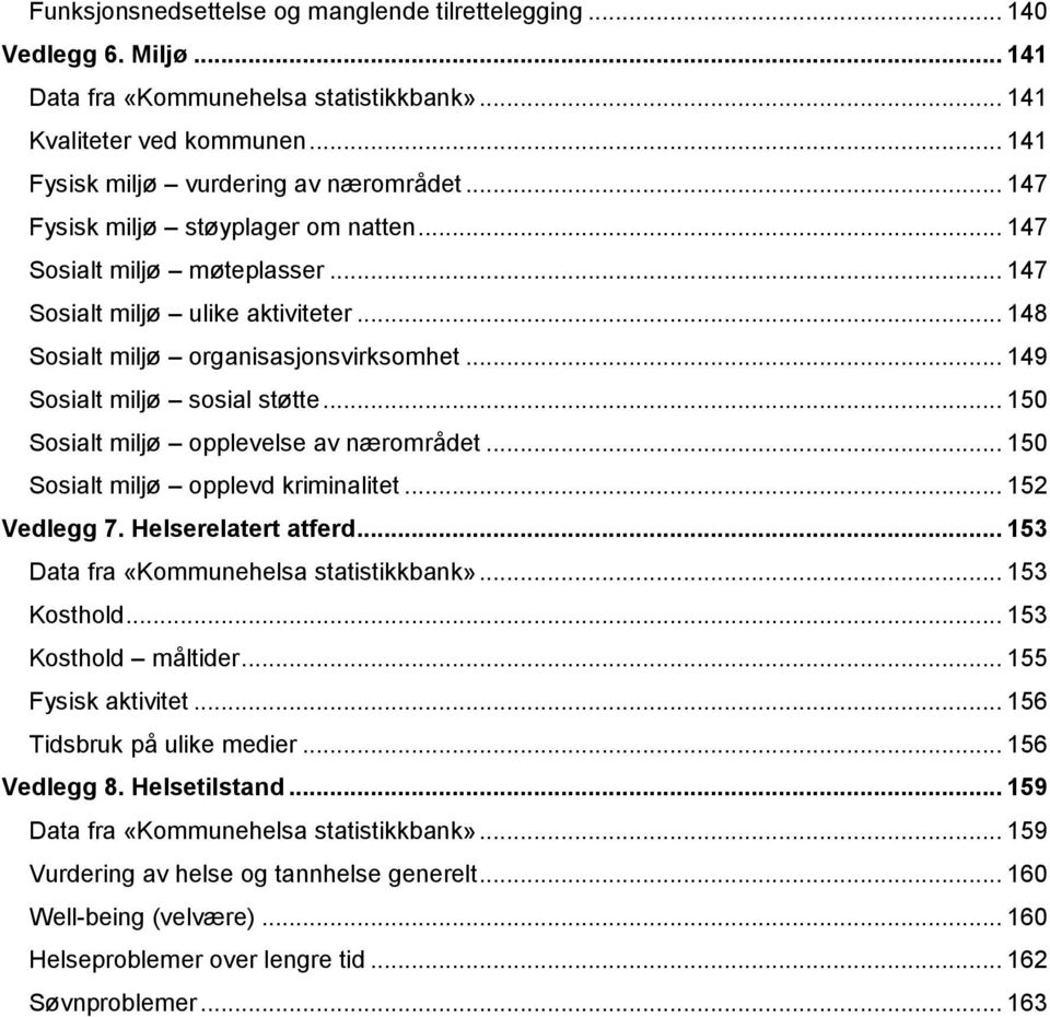 .. 150 Sosialt miljø opplevelse av nærområdet... 150 Sosialt miljø opplevd kriminalitet... 152 Vedlegg 7. Helserelatert atferd... 153 Data fra «Kommunehelsa statistikkbank»... 153 Kosthold.