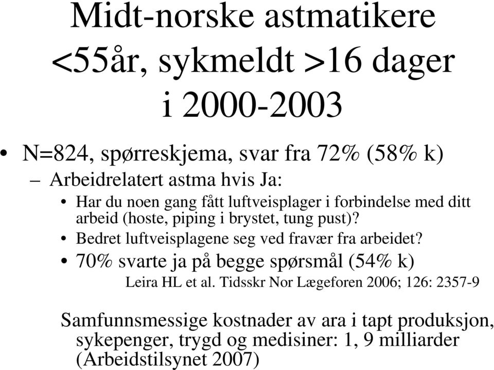 Bedret luftveisplagene seg ved fravær fra arbeidet? 70% svarte ja på begge spørsmål (54% k) Leira HL et al.