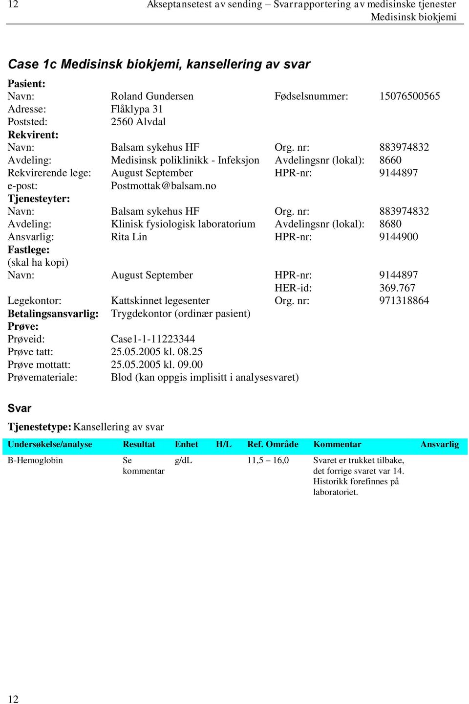 nr: 883974832 Avdeling: Medisinsk poliklinikk - Infeksjon Avdelingsnr (lokal): 8660 Rekvirerende lege: August September HPR-nr: 9144897 e-post: Postmottak@balsam.