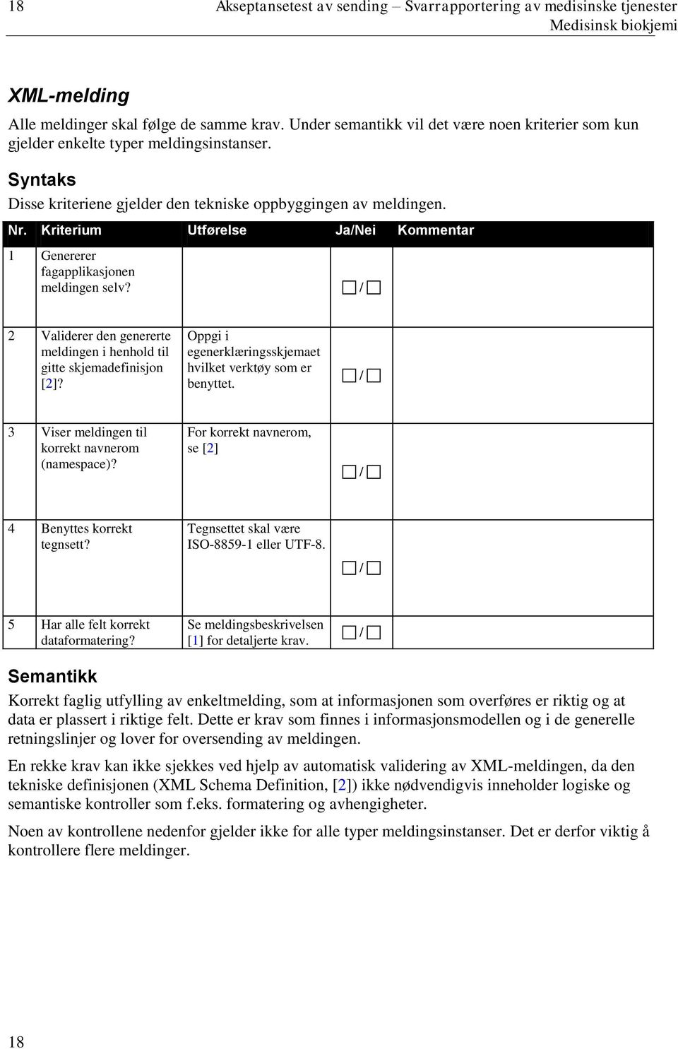 Kriterium Utførelse Ja/Nei Kommentar 1 Genererer fagapplikasjonen meldingen selv? 2 Validerer den genererte meldingen i henhold til gitte skjemadefinisjon [2]?