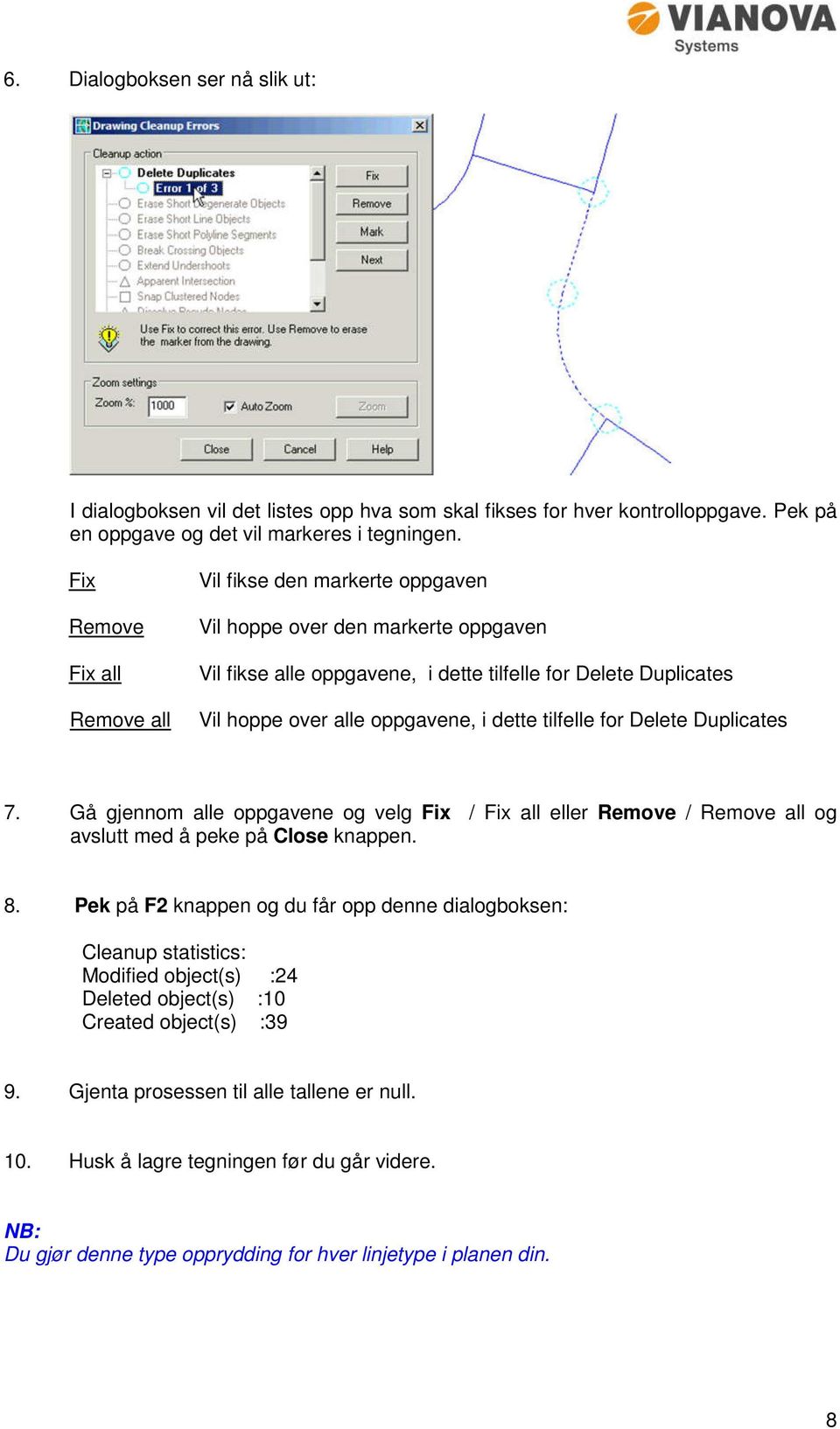 dette tilfelle for Delete Duplicates 7. Gå gjennom alle oppgavene og velg Fix / Fix all eller Remove / Remove all og avslutt med å peke på Close knappen. 8.