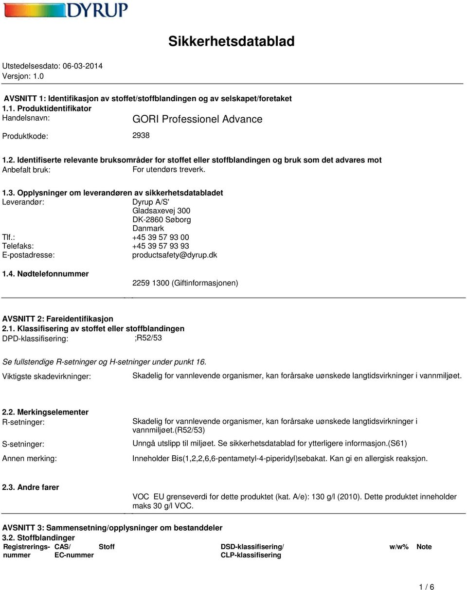 sikkerhetsdatabladet Leverandør: Dyrup A/S' Gladsaxevej 300 DK-2860 Søborg Danmark Tlf: +45 39 57 93 00 Telefaks: +45 39 57 93 93 E-postadresse: productsafety@dyrupdk 14 Nødtelefonnummer 2259 1300