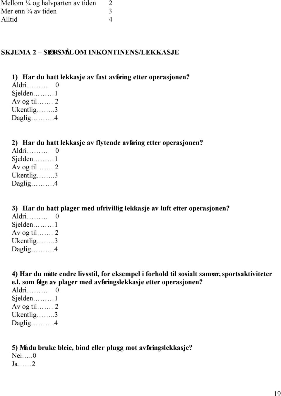 Aldri 0 Sjelden 1 Av og til. 2 Ukentlig..3 Daglig.4 4) Har du måtte endre livsstil, for eksempel i forhold til sosialt samvær, sportsaktiviteter e.l. som følge av plager med avføringslekkasje etter operasjonen?