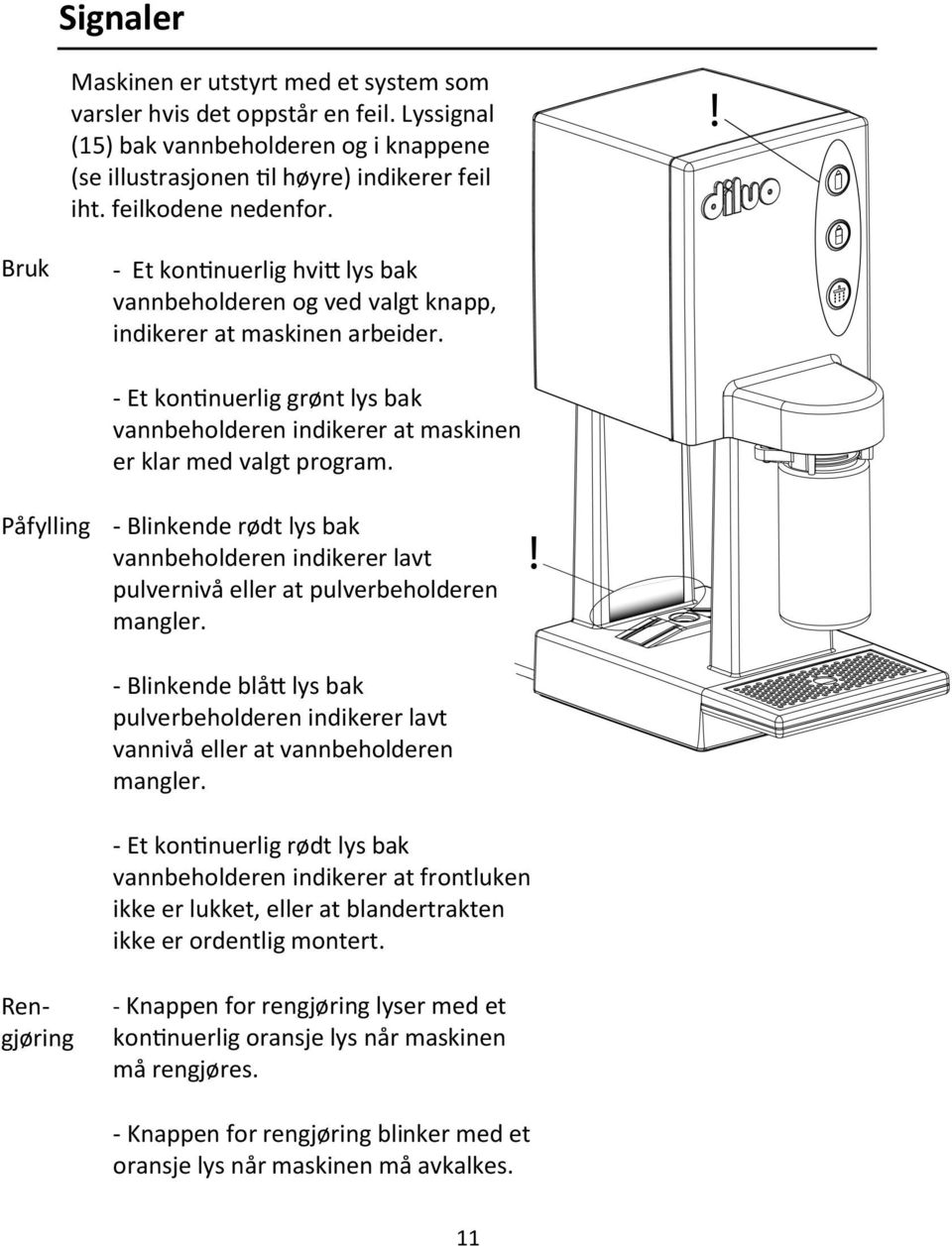 Påfylling - Blinkende rødt lys bak vannbeholderen indikerer lavt pulvernivå eller at pulverbeholderen mangler.