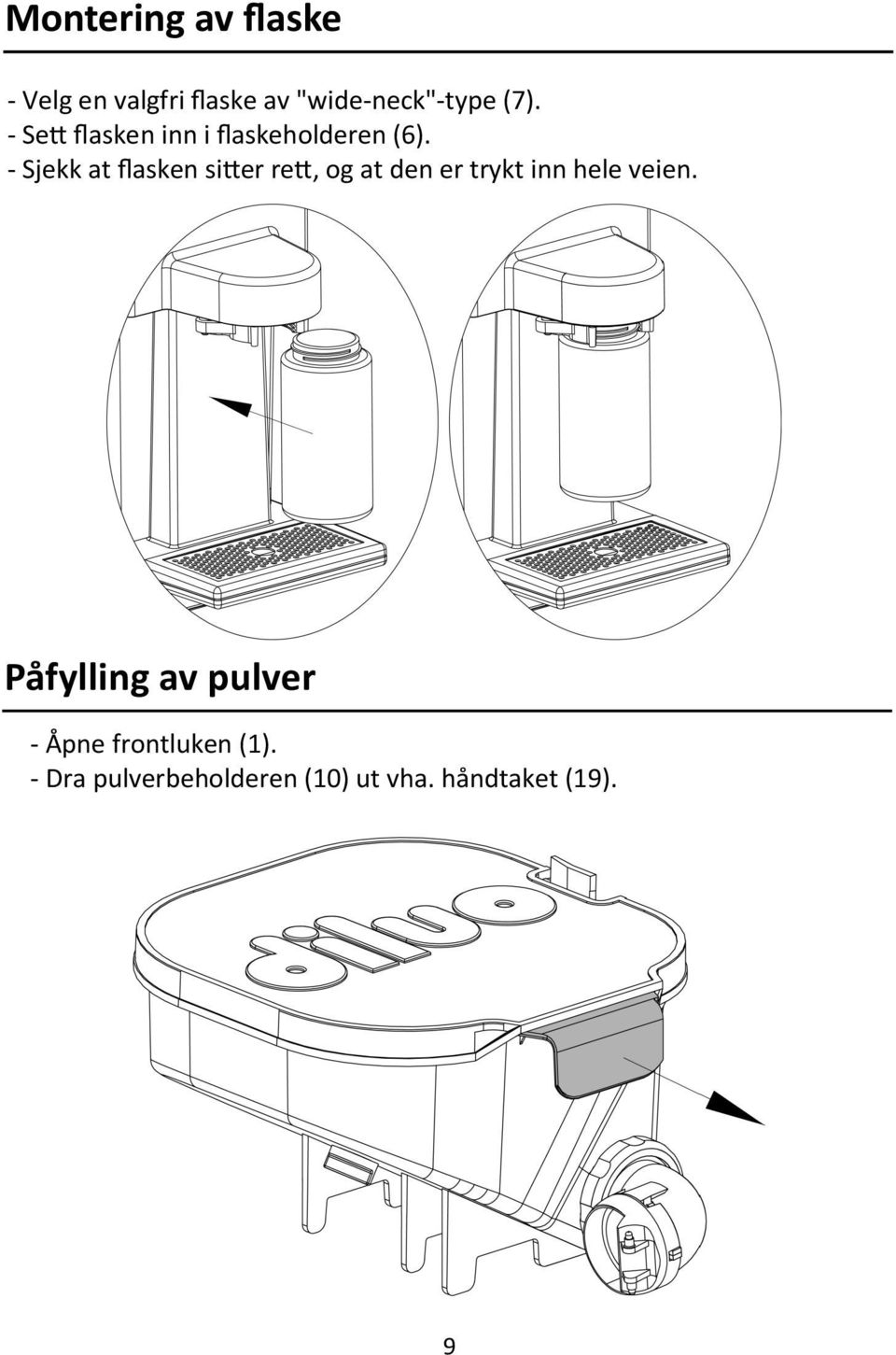 - Sjekk at flasken sitter rett, og at den er trykt inn hele veien.