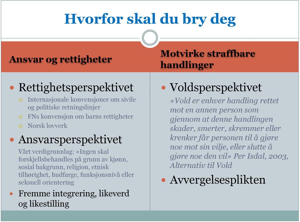 seksuell orientering Fremme integrering, likeverd og likestilling Motvirke straffbare handlinger Voldsperspektivet «Vold er enhver handling rettet mot en annen person som gjennom at