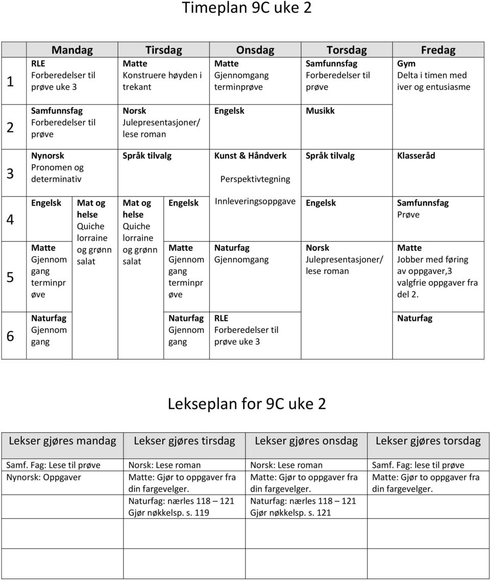 roman Jobber med føring av oppgaver, valgfrie oppgaver fra del. prøve uke Lekseplan for 9C uke Lekser gjøres mandag Lekser gjøres tirsdag Lekser gjøres onsdag Lekser gjøres torsdag Samf.