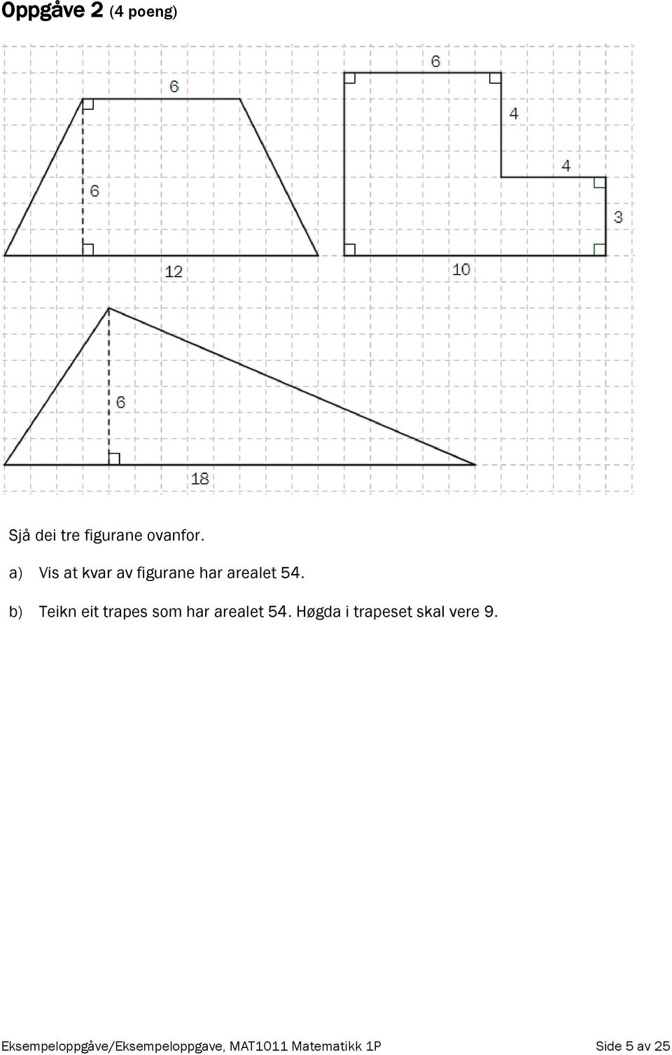 b) Teikn eit trapes som har arealet 54.