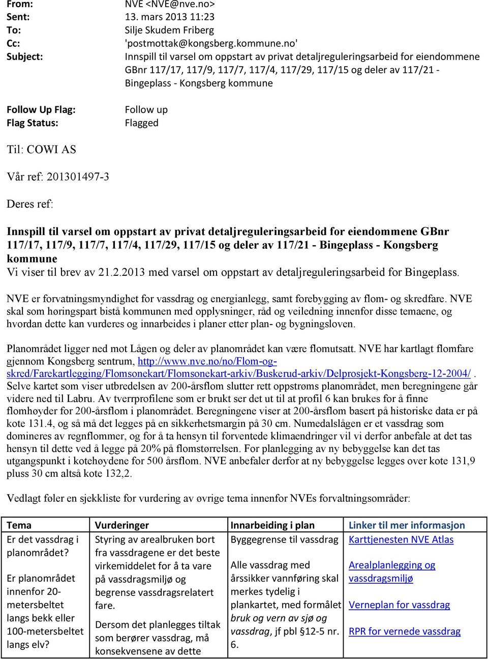 Follow Up Flag: Flag Status: Follow up Flagged Til: COWI AS Vår ref: 201301497-3 Deres ref: Innspill til varsel om oppstart av privat detaljreguleringsarbeid for eiendommene GBnr 117/17, 117/9,