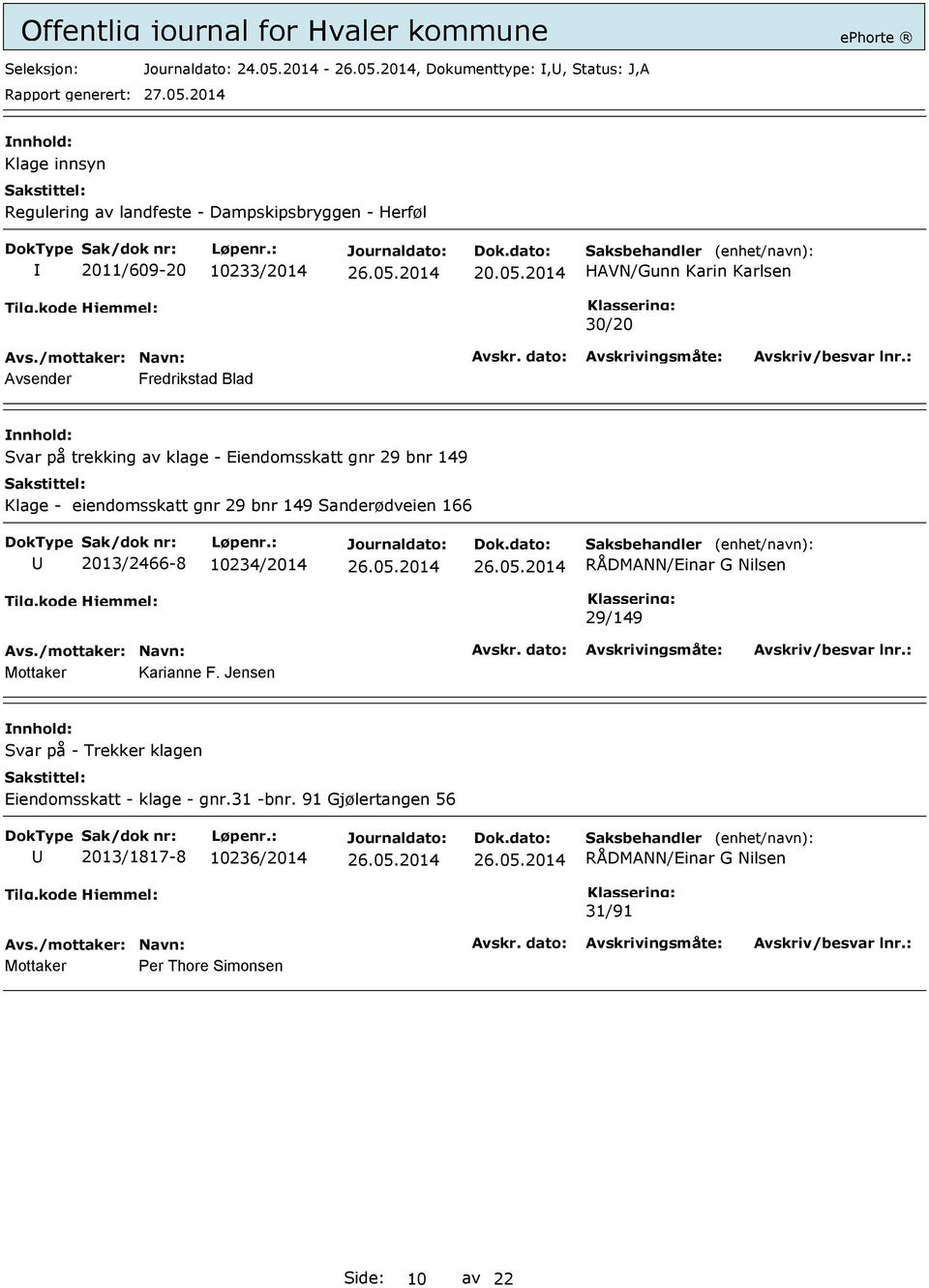 2014 HAVN/Gunn Karin Karlsen 30/20 Avsender Fredrikstad Blad Svar på trekking av klage - Eiendomsskatt gnr 29 bnr 149 Klage - eiendomsskatt