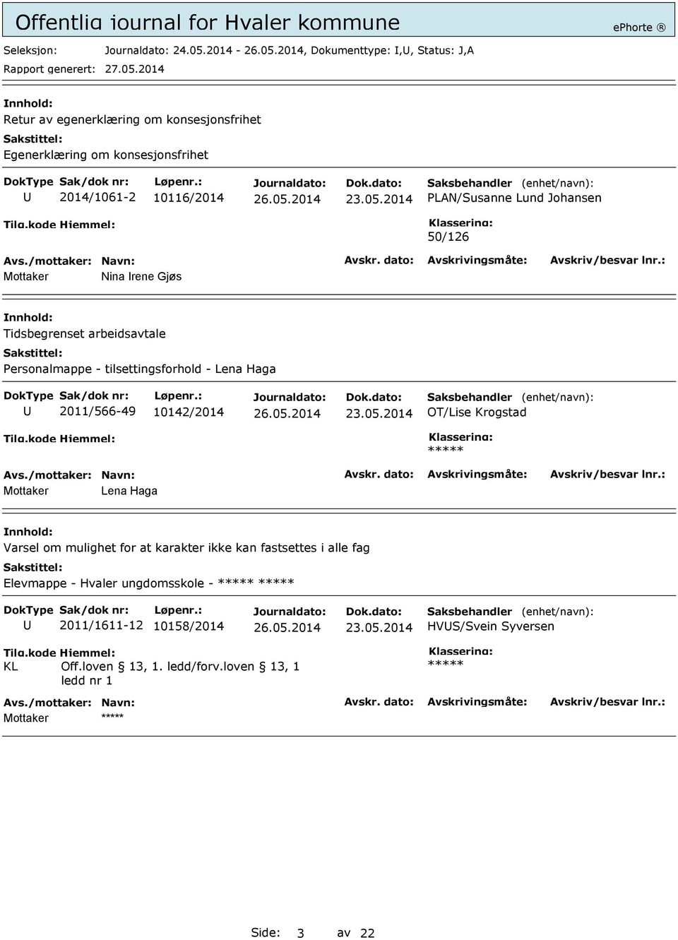 2014 PLAN/Susanne Lund Johansen 50/126 Mottaker Nina rene Gjøs Tidsbegrenset arbeidsavtale Personalmappe - tilsettingsforhold - Lena Haga 2011/566-49