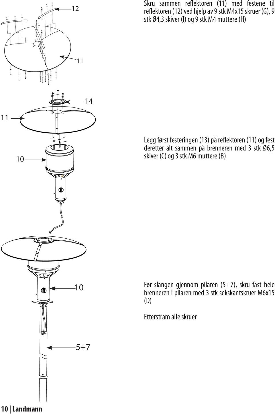 deretter alt sammen på brenneren med 3 stk ø6,5 skiver (C) og 3 stk M6 muttere (B) 10 Før slangen gjennom